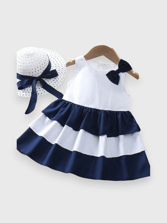 2 Pc Baby Girl Color Block Dress with Hat