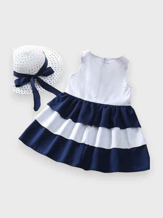 2 Pc Baby Girl Color Block Dress with Hat