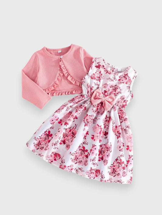 2 Pc Girls Ruffle Cardi and Floral Print Dress