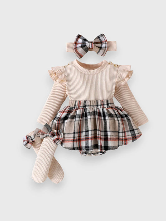3 Pcs Baby Girl Plaid Bow Bodysuit and Socks Set