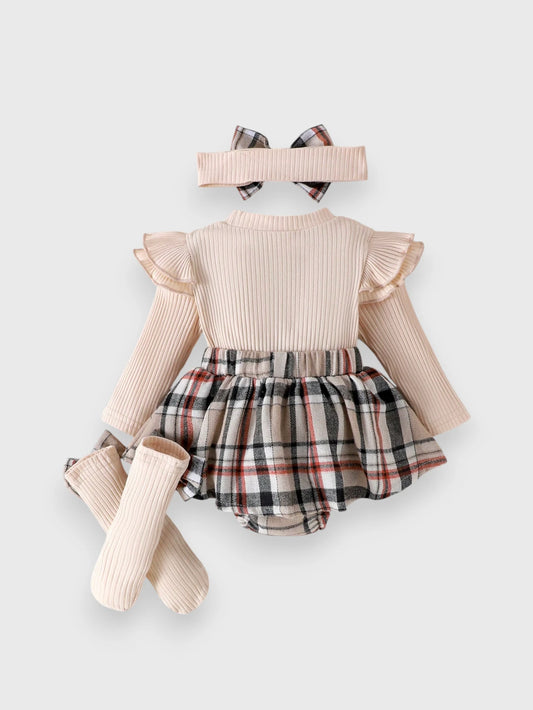 3 Pcs Baby Girl Plaid Bow Bodysuit and Socks Set