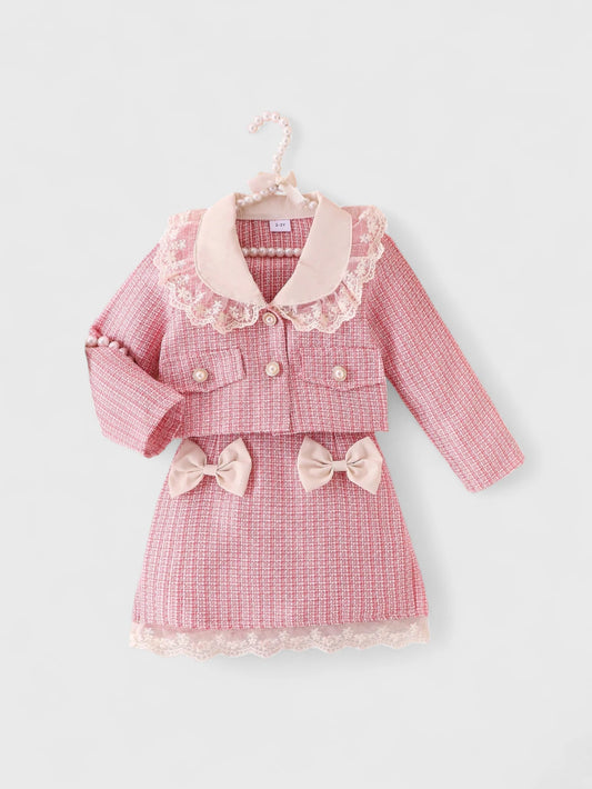 2 Pcs Toddler Girls Tweed Lace Collar Jacket and Skirt Set