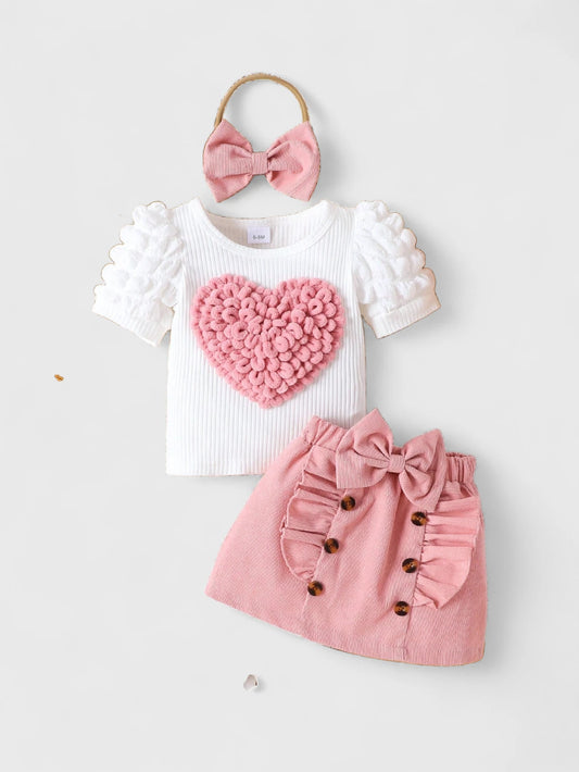 Baby Girl Heart Bubble Sleeve Corduroy Skirt Set