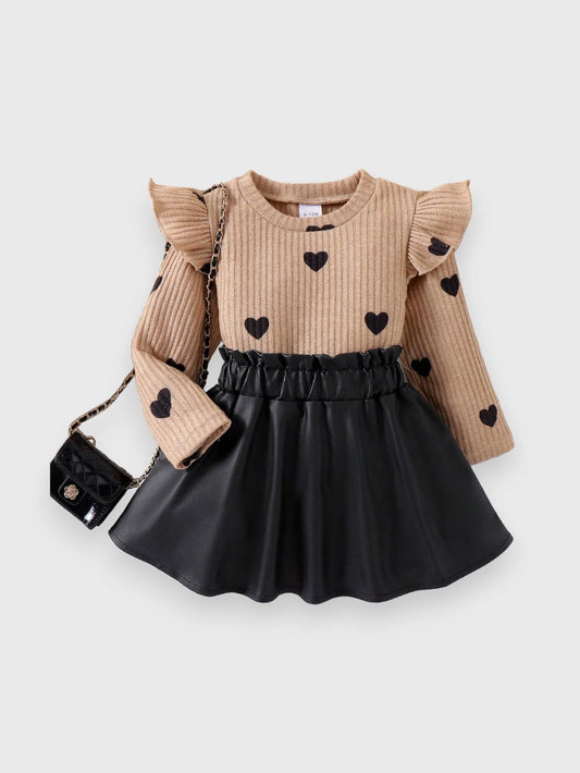 2 Pc Baby Girl Heart Top with Pleather Skirt