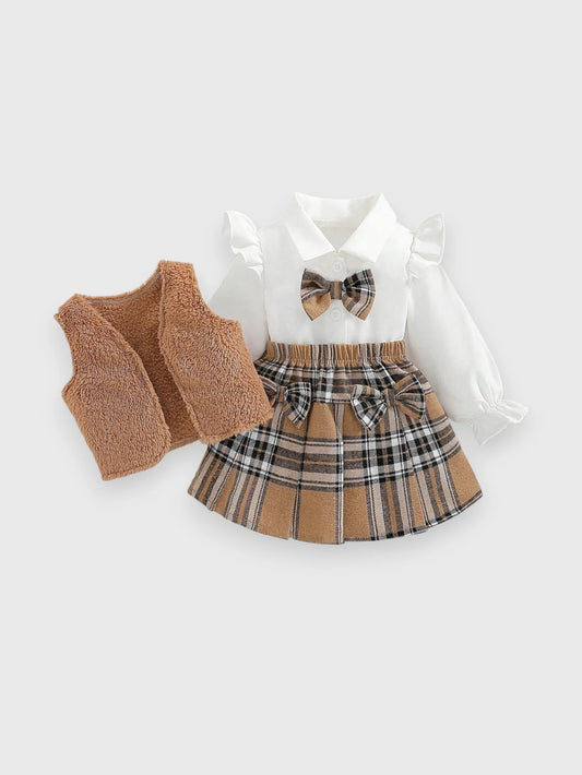 3 Pcs Baby Girl Plush Vest and Plaid Skirt Set