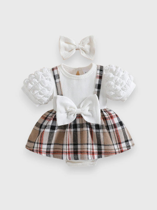 2 Pc Infant Baby Girl Bubble Sleeve Plaid Overall Dress