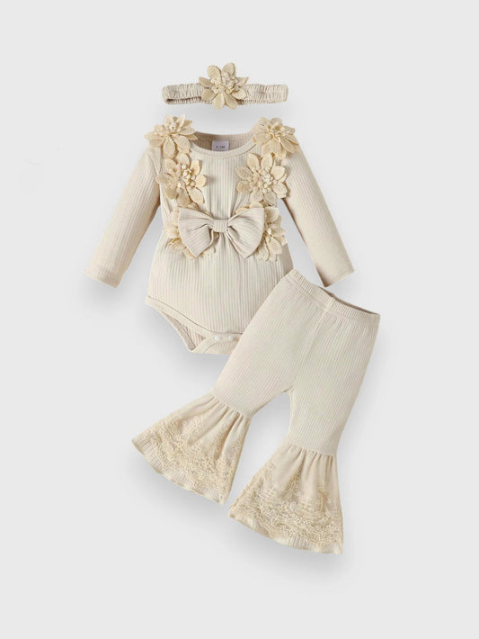 3 Pc Baby Girl Floral Applique Ribbed Set