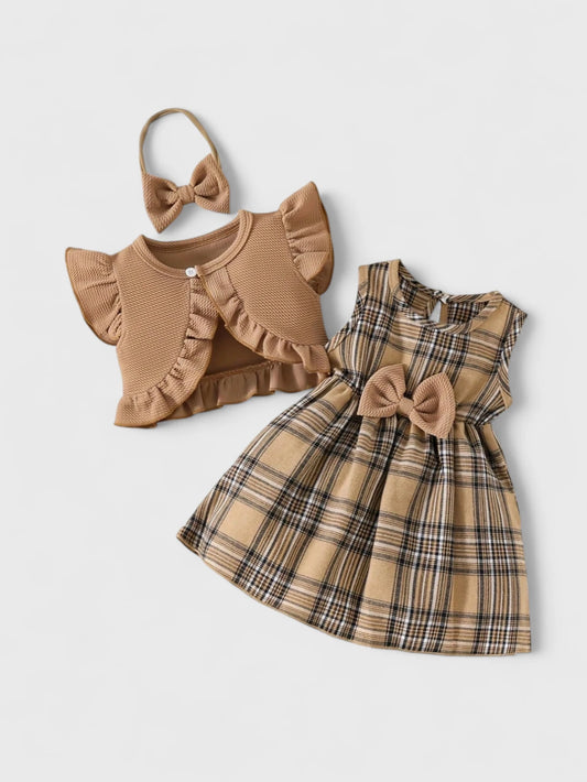 3 Pc Baby Girl Plaid Dress with Shawl Cardigan