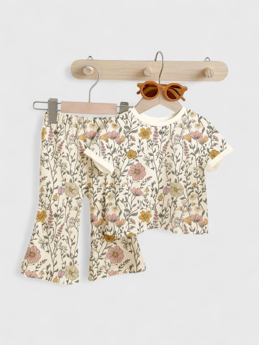 2 Pc Baby Girl Flower Print Tee and Flare Pant