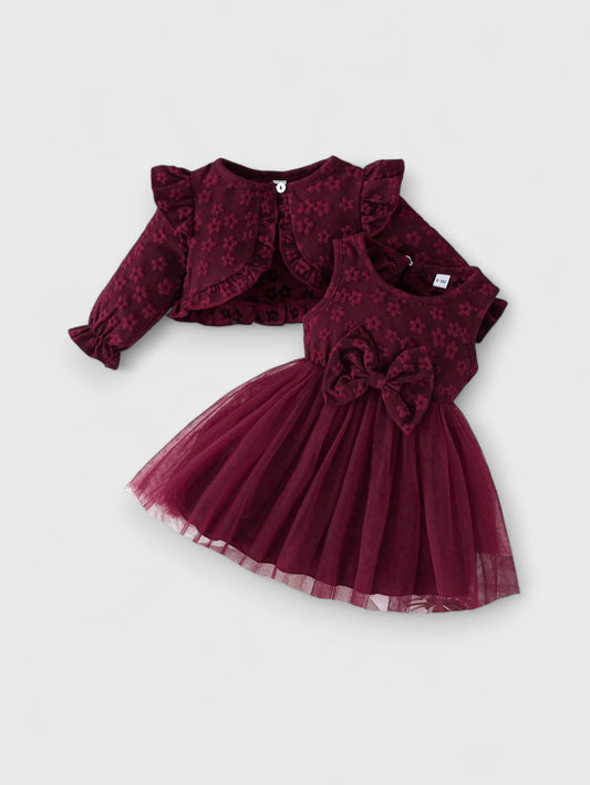 2 Pc Baby Girl Flower Emboss Dress and Cardigan