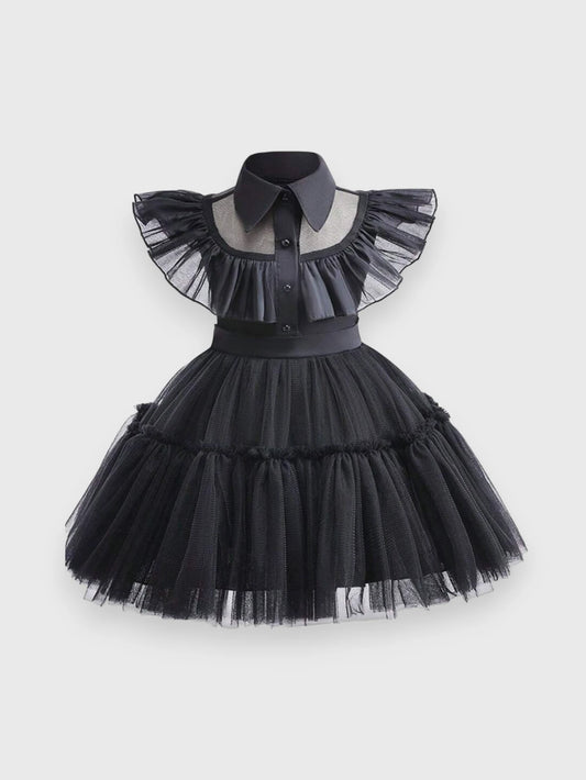 Girls Black Ruffle Wednesday Dress Costume