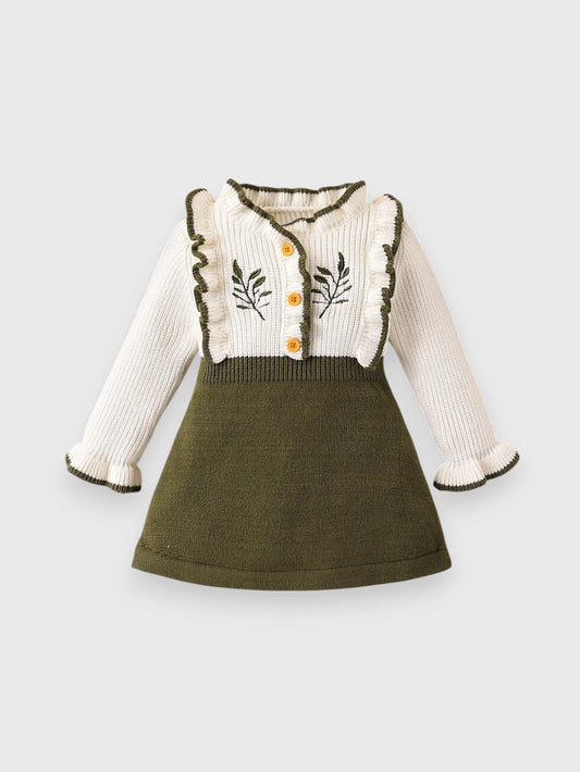 Baby Girl Autumn Leaf Ruffle Knit Trim Dress