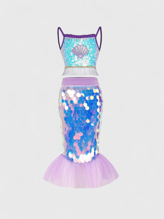 2 Pcs Girls Sequin Scale Mermaid Costume