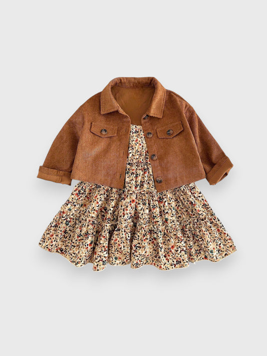 2 Pcs Toddler Baby Girl Ditsy Floral Layered Cami Dress with Corduroy Jacket