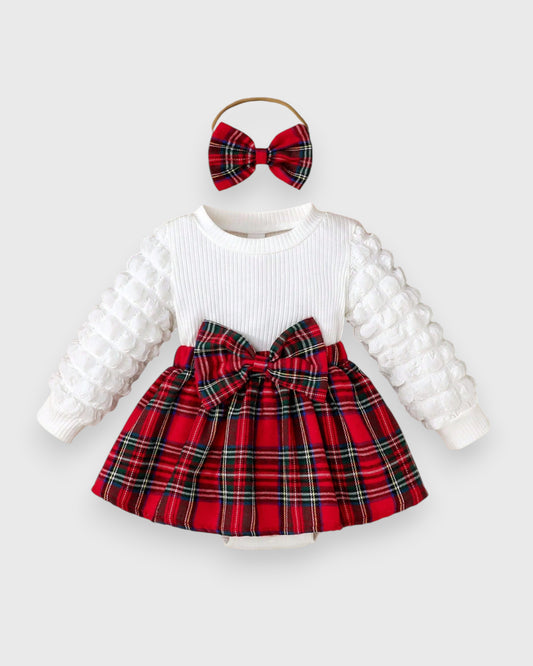 3 Pcs Baby Girl Knit Bubble Sleeve Plaid Dress