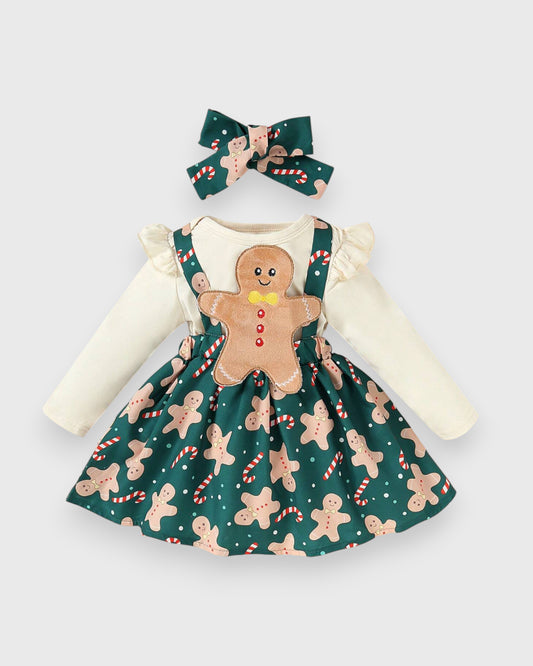 3 Pc Baby Girl Gingerbread Overall Dress Set