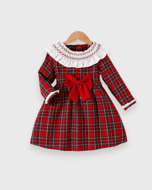 Girls Plaid Holiday Smock Collar Dress