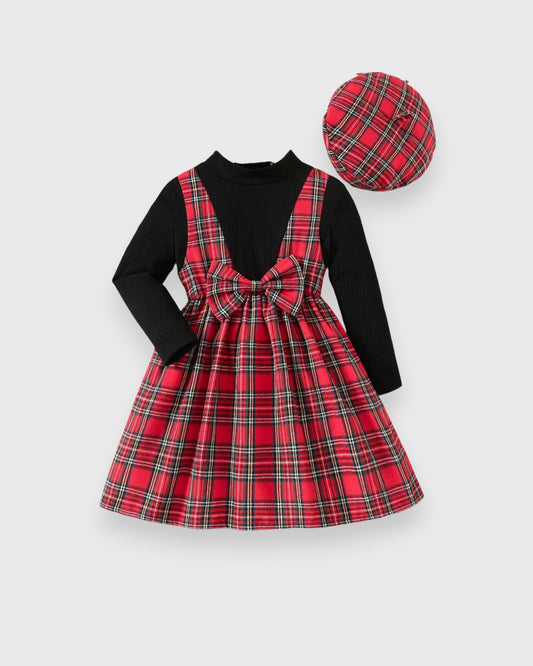 Girls 2 Pc Faux Plaid Overall Dress With Beret