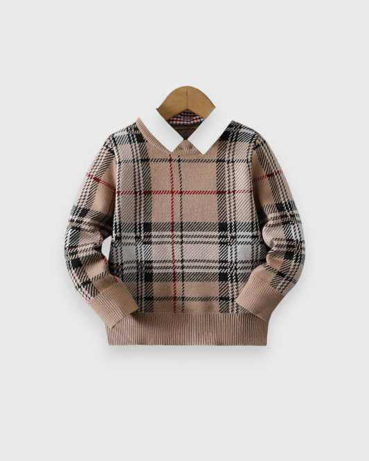 Toddler Boys Plaid Crew neck Knit Collared Sweater