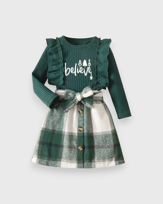 Girls 2 Pc Believe Shirt Plaid Skirt