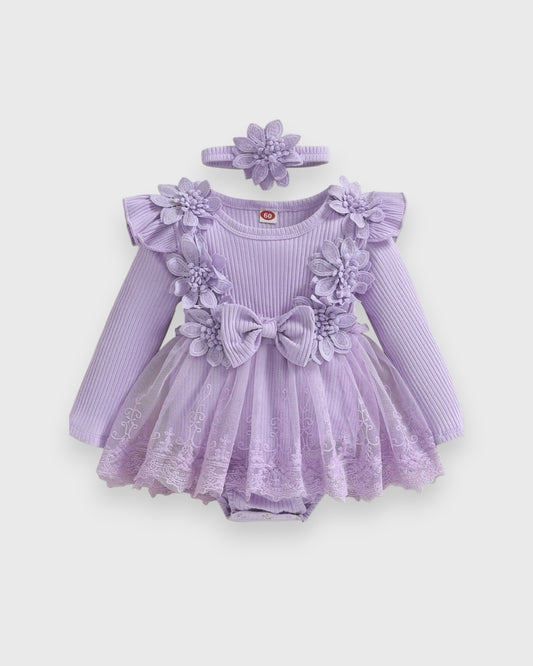 CL-2 Pc Baby Girl Flower Applique Mesh Skirt Bodysuit Dress