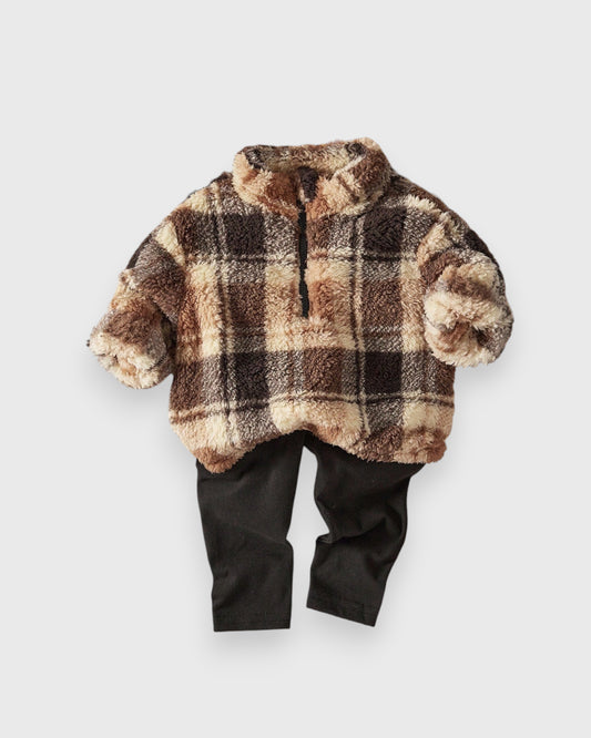 2 Pcs Baby Girl Fleece Plaid Quarter Zip with Leggings