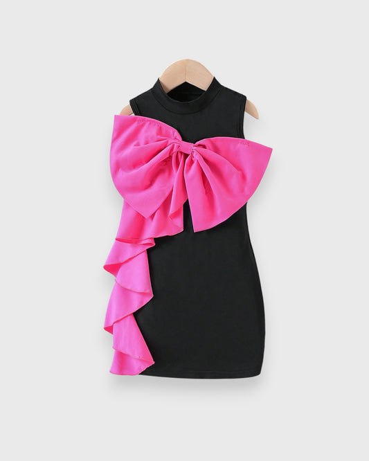 Girl Bow Cascade Ruffle Mock Neck Dress