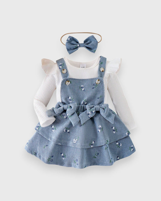 3 Pc Baby Girl Floral Print Corduroy Overall Skirt w/ Shirt