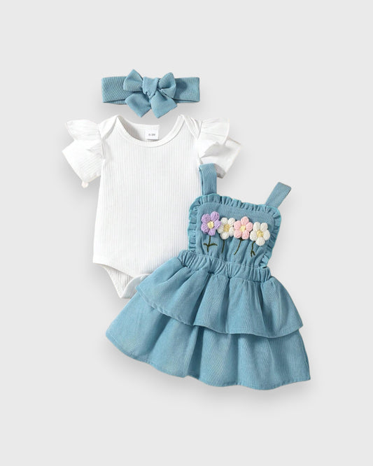 3 Pc Baby Girls 3D Floral Corduroy Dress Set