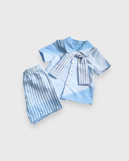 3 Pc Baby Boy Collar Shirt w/ Stripe Shorts & Shawl