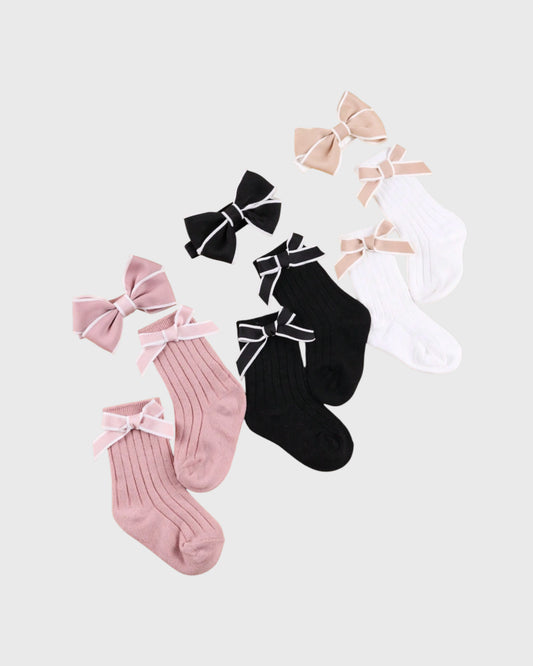 6 Pc Baby Girl Contrast Ribbon Socks and Bow Set