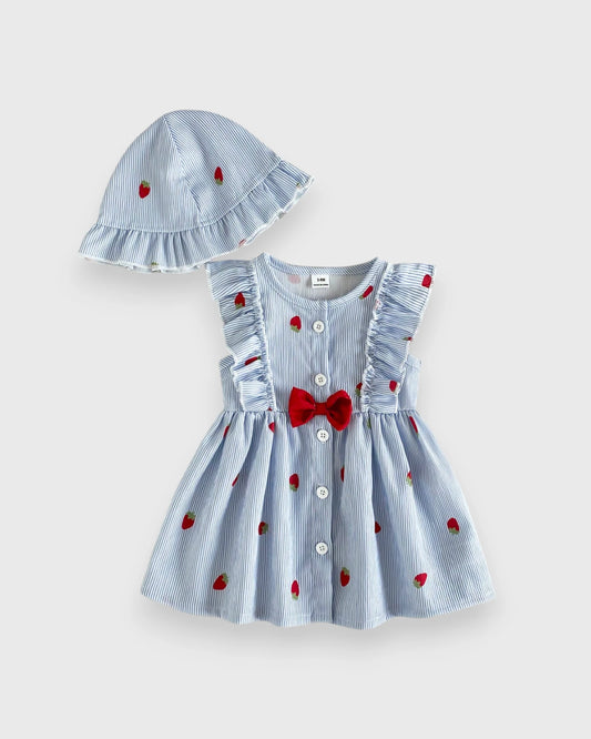 2 Pc Baby Girl Stripe Strawberry Dress w/ Bucket Hat