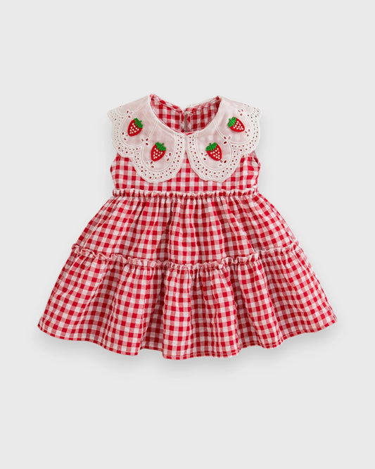 Girls Scallop Lace Strawberry Gingham Dress