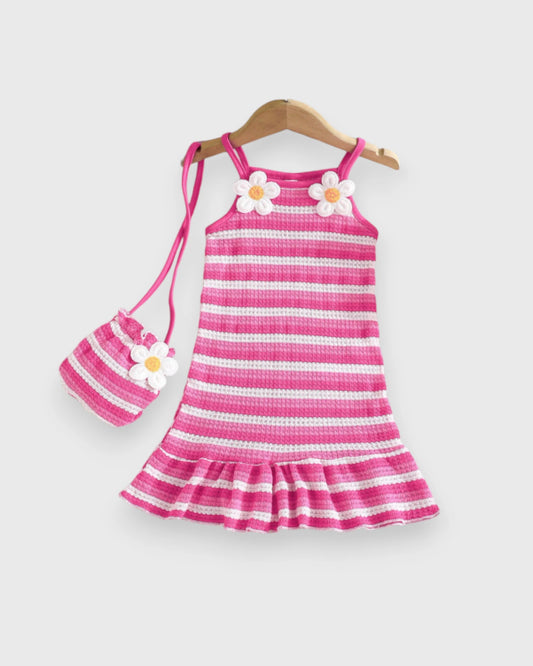 2 Pc Baby Girl Stripe Knit Flower Dress w/ Bag