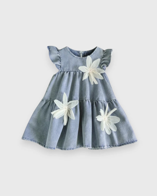 Baby Girl 3D Flower Tiered Denim Dress
