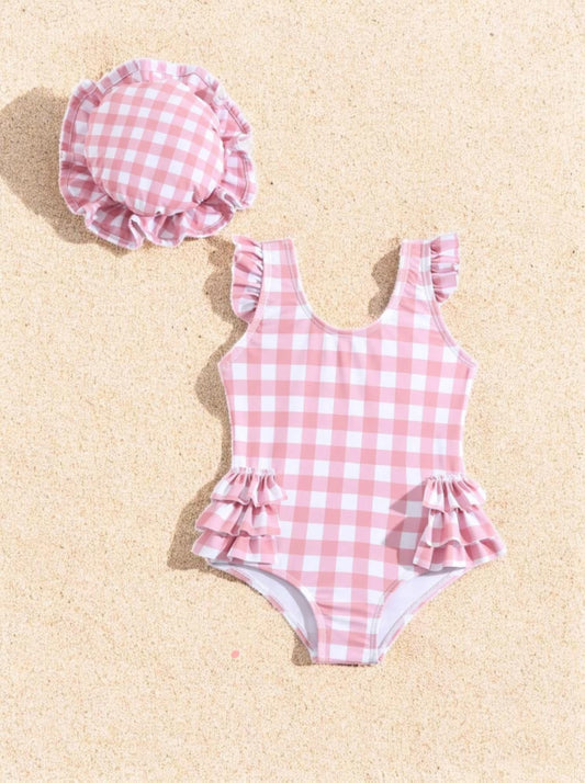 2 Pc Baby Girls One Piece Ruffle Gingham Swimsuit