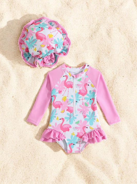 2 Pc Baby Girls One Piece Ruffle Swimsuit w/ Hat