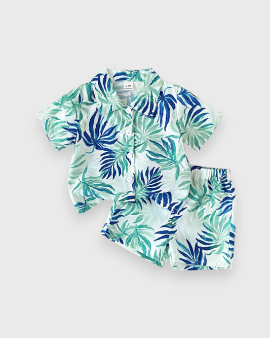2 pc Baby Boy Leaf Print Button Up Shirt & Shorts Set