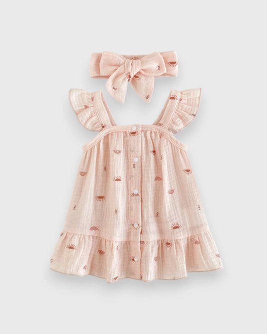 2 Pc Baby Girl Sun & Rainbow Print Cotton Low Waist Dress