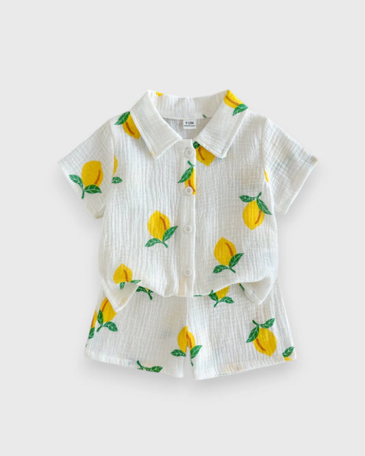 2 pc Baby Boy Fruit Print Button Up Shirt & Shorts Set