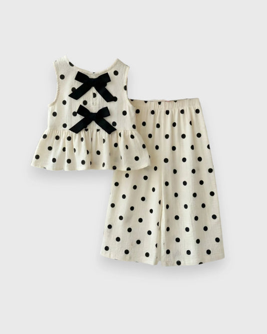 2 Pc Girls Polka Dot Bow Back Top & Wide Pants Set