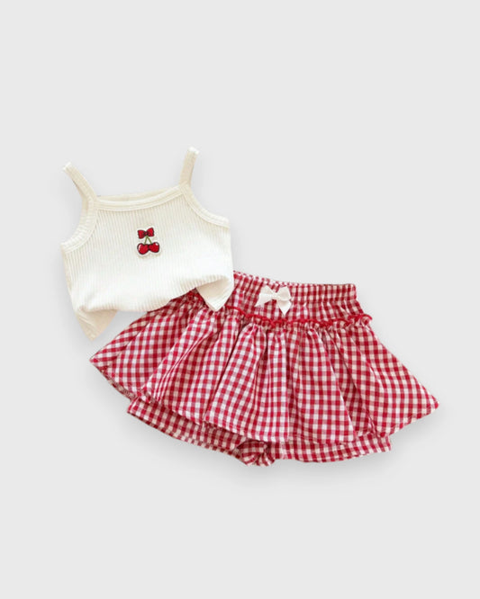 2 Pc Baby Girl Cherry Hearts Cami & Gingham Shorts