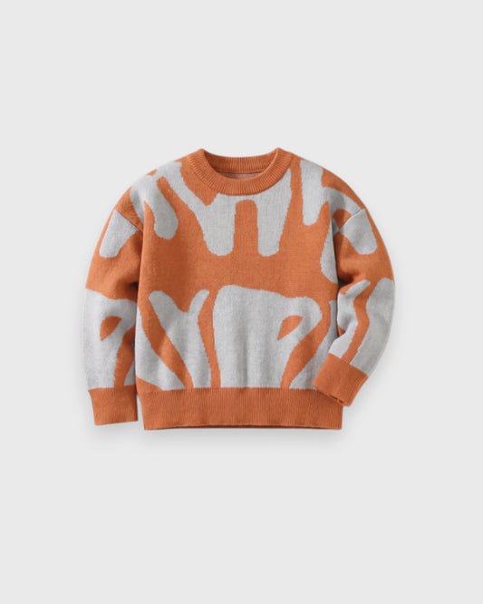 Boys' orange-and-gray abstract-pattern knit sweater with ribbed collar, cuffs and hem.