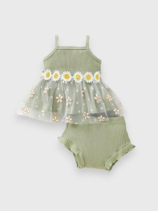 2 Pcs Infant Baby Girl Rib Knit Vintage Flower Set