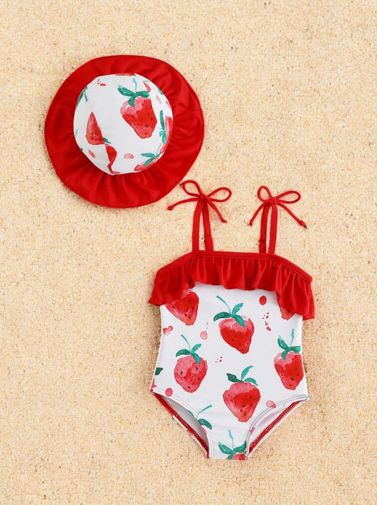 Baby Girl Strawberry Swimsuit with Hat