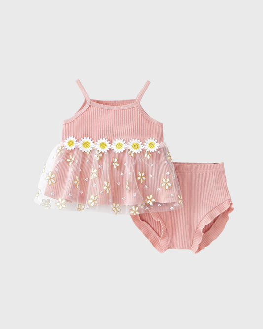 2 Pcs Baby Girl Daisy Rib Cami Sheer Peplum top with Shorts Set