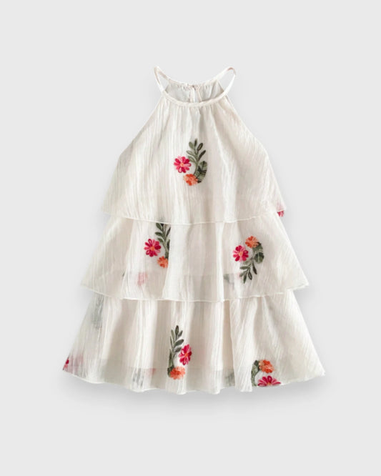Girls Tiered Emb Flower Mesh Dress