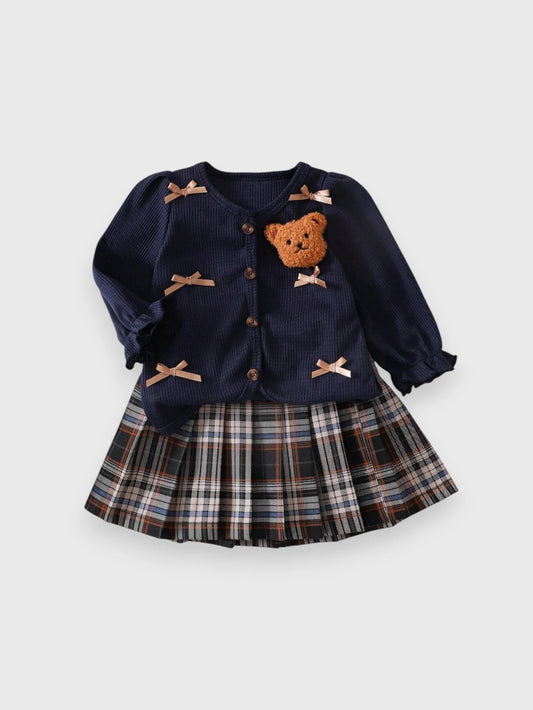 2 Pcs Baby Girl Preppy Bear Set