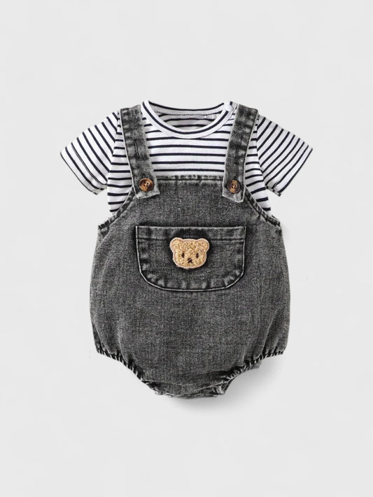 Baby boys' black-and-white striped tee paired with gray denim overalls and a bear patch.