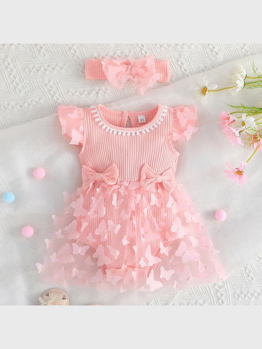 2 Pc Baby Girl Butterfly Applique Tulle Bodysuit
